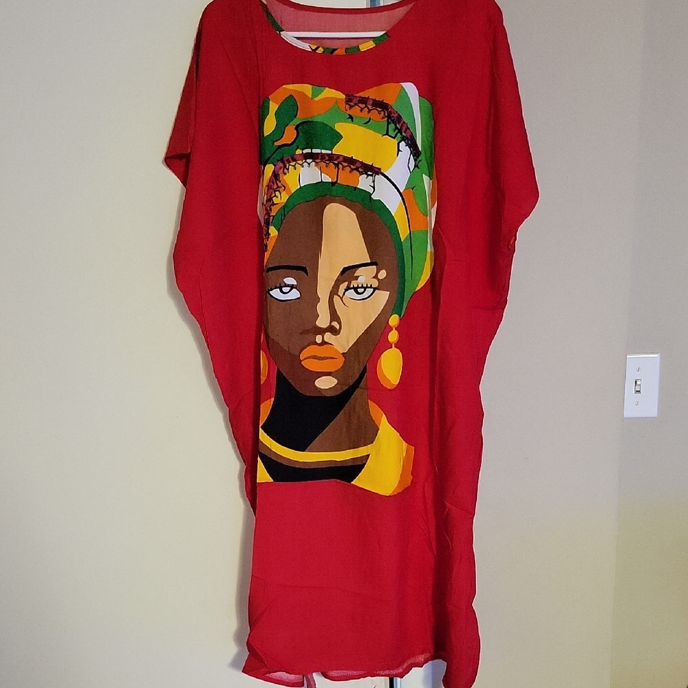 Red Kaftan with Colorful Graphic Print